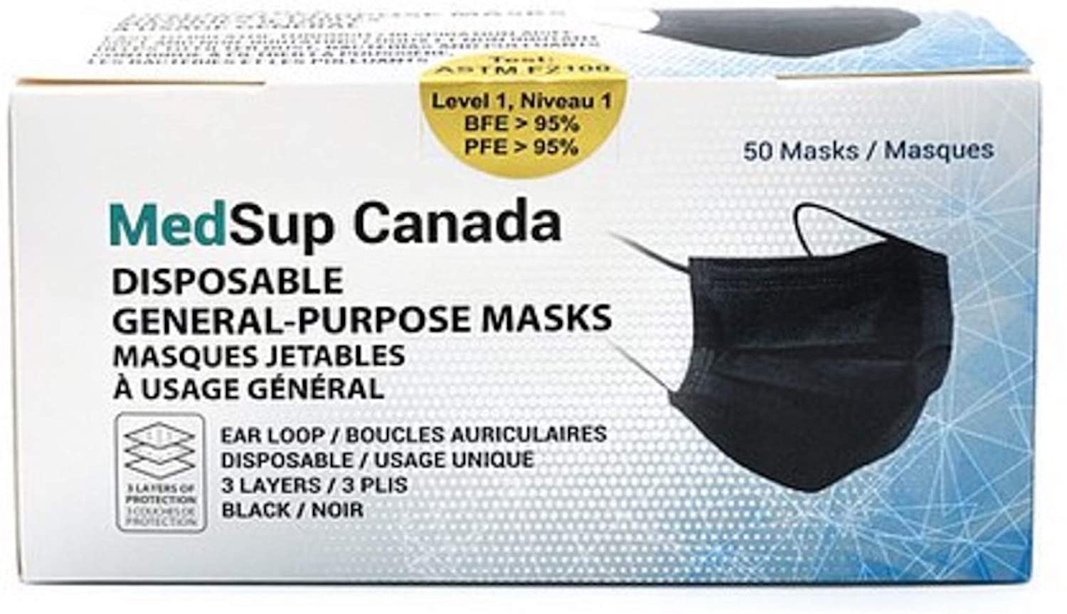 MedSup Canada 50Pcs Black Disposable Masks