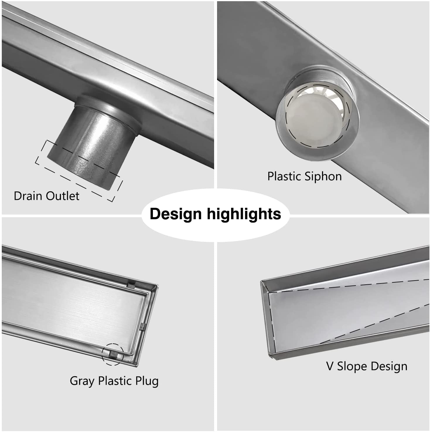 Naiture Never Rust Built-in Linear Shower Drain with Removable Tile Tray