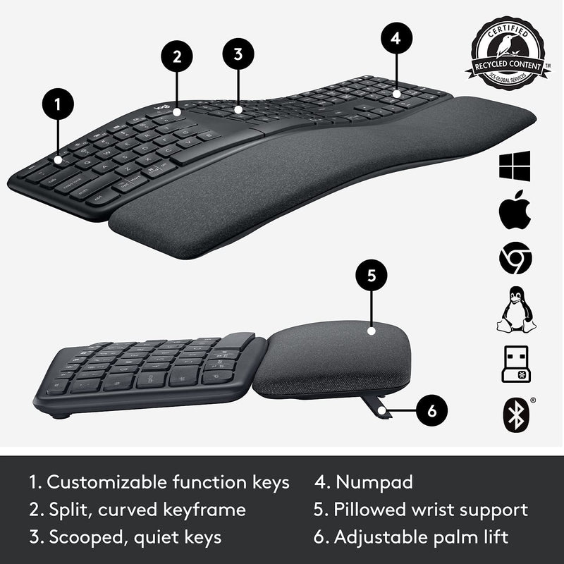 Wireless Keyboard Logitech Ergonomic Split Bluetooth or USB Keyboard