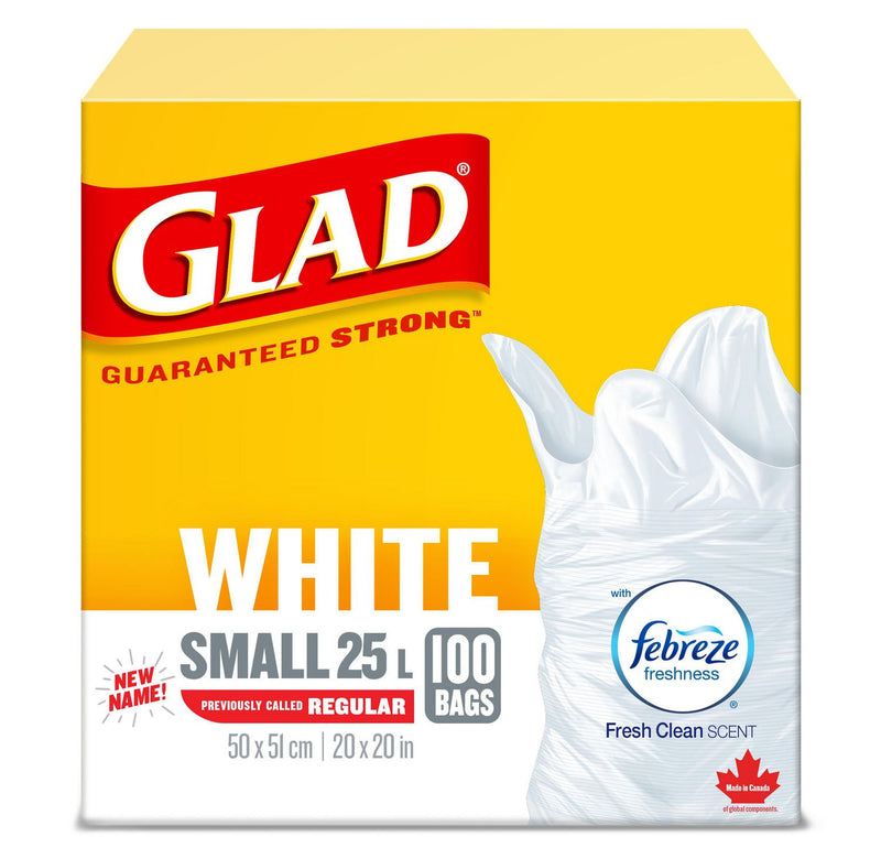 Glad White Garbage Bags - Small 25 Litres - Febreze Fresh Clean Scent, 100 Trash Bags